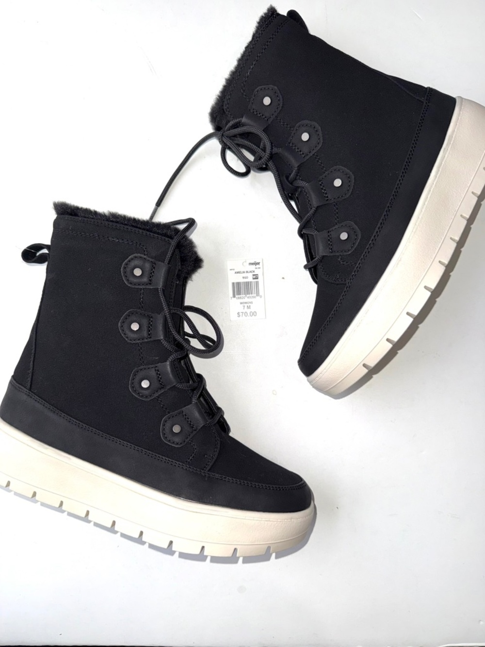 FALLS CREEK $70 New Womens 7 Black White Amelia Mid-Calf Lace Up Winter Boots 32